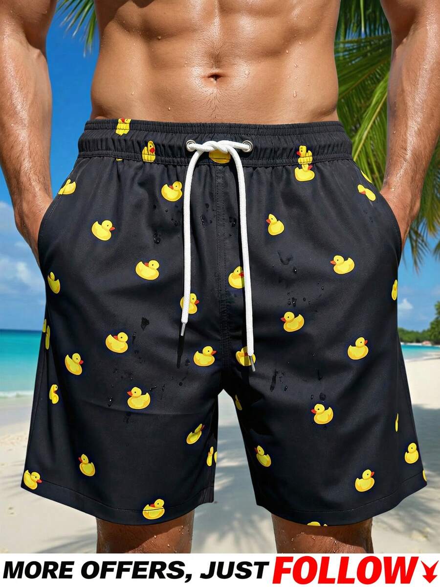 Manfinity Swimmode Men's Black Summer Cute Cartoon Duck Print Swim Trunks,Funny Beach Shorts With Drawstring Waist Pocket,Holiday Casual Swimwear For Men - Black - View 1