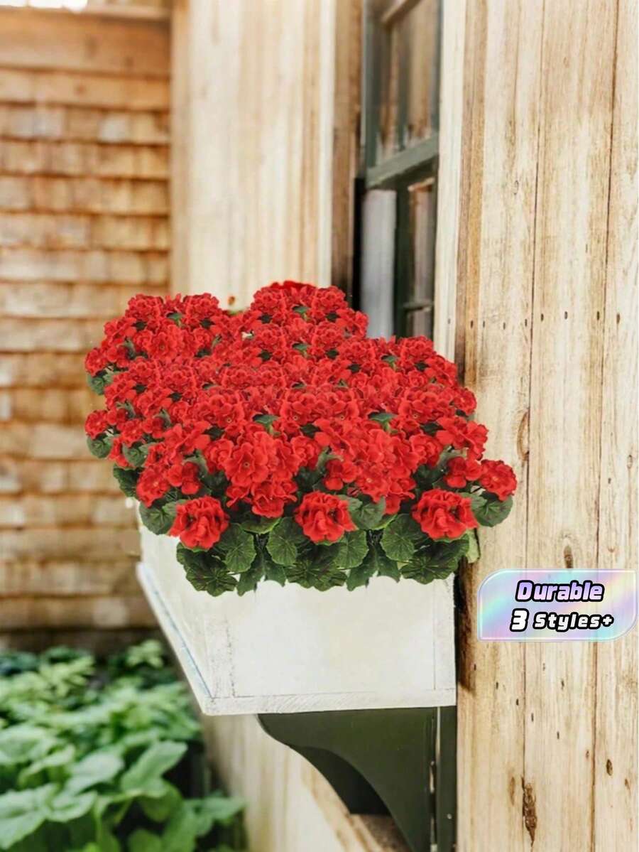 MEHELANY 10/5/1 件装仿真红色天竺葵花,丝质天竺葵花,抗紫外线户外灌木植物,适用于门廊、花园、窗台花箱、家居婚礼装饰,也适用于室内桌面、户外花盆、吊篮、派对和新年装饰 - 紅色 - 查看 1