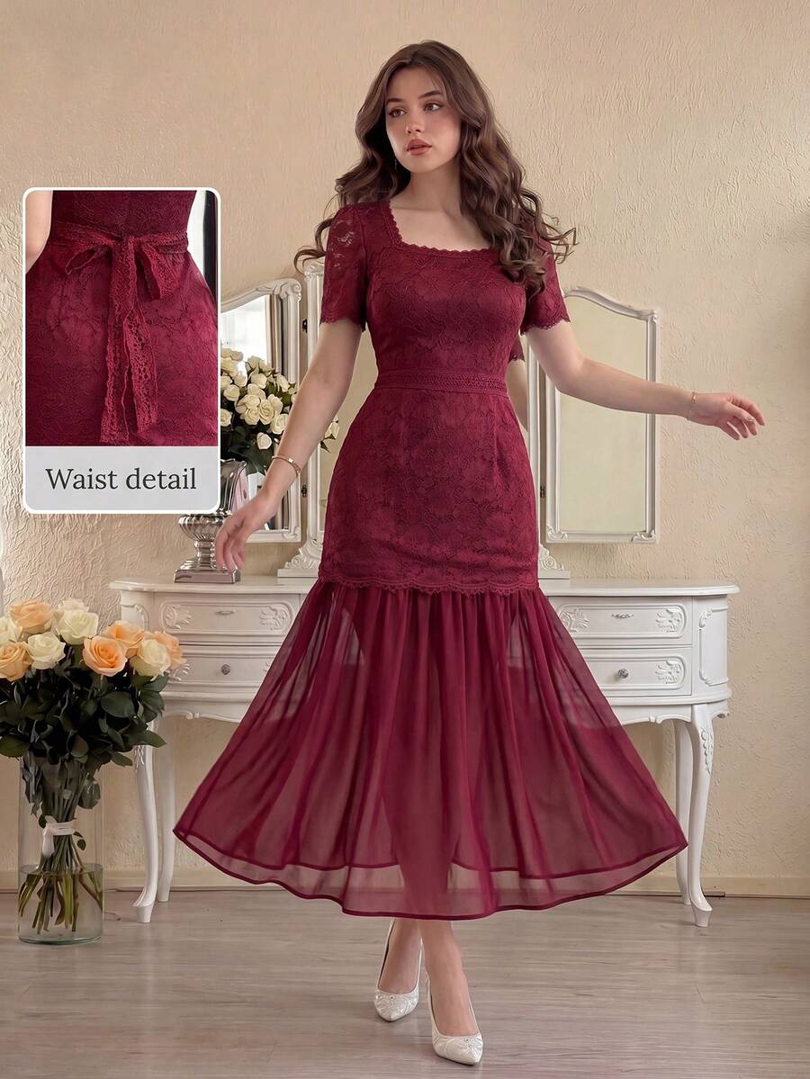 Modelyn Đầm midi dáng ôm, cổ vuông, chất liệu ren dệt kim, phối ren, eo xếp ly, thanh lịch dành cho nữ. - Màu Đỏ Sâu - Xem 1