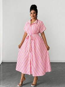 Maweii Plus Size Women Summer Bowknot Decor Pink & White Striped Dress - Hot Pink - View 4
