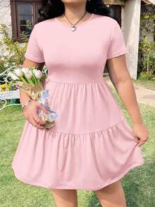 Solflare Black Short Sleeve Loose Fit Plus Size T-Shirt Dress, Spring Summer Clothes - Dusty Pink - View 4
