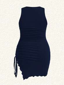 SHEIN EZwear 大尺碼海軍藍針織側抽繩貼身無袖洋裝，約會之夜夏季性感商務休閒早午餐穿搭 - 藏蓝色 - 查看 2
