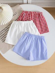 SHEIN 3件套少女梭织纯色条纹格子休闲短裤套装，三件套少女夏季短裤，少女服装，少女短裤，格子短裤，条纹短裤，柔软透气，少女弹力腰带短裤，夏季舒适日常穿着 - 紅色 - 查看 2