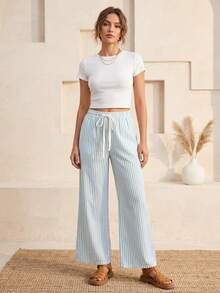 Pantalón Palazzo de Rayas  con Cintura Elástica - Verde Oscuro - Ver 2
