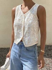 DAZY Áo tank top không tay cổ chữ V phối ren jacquard thanh lịch dành cho nữ, thích hợp cho kỳ nghỉ hè. - Màu be - Xem 4