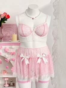 PetitDoll Bộ đồ lót gợi cảm 4 món cổ điển ren phối ren, viền lông mi, có gọng dành cho nữ. - Hồng - Xem 7