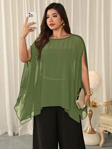 Firerie Plus Size Women's Solid Color Round Neck Cape Sleeve Elegant Blouse Fall - Green - View 4