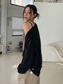 DAZY 女款寬鬆版型純色長袖薄針織開襟衫，休閒度假風，適合夏季校園穿搭 - 黑色 - 查看 4
