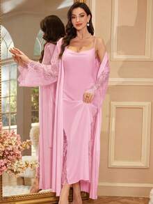 SHEIN Sexy High Slit Robe & Elegant Robe 2-Piece Sleepwear Set For Women, Autumn/Winter - Pink - View 5