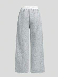 SHEIN Quần nỉ rộng rãi, phối nhiều mảnh vải, cạp chun, dành cho bé gái tuổi teen. - Xám - Xem 2
