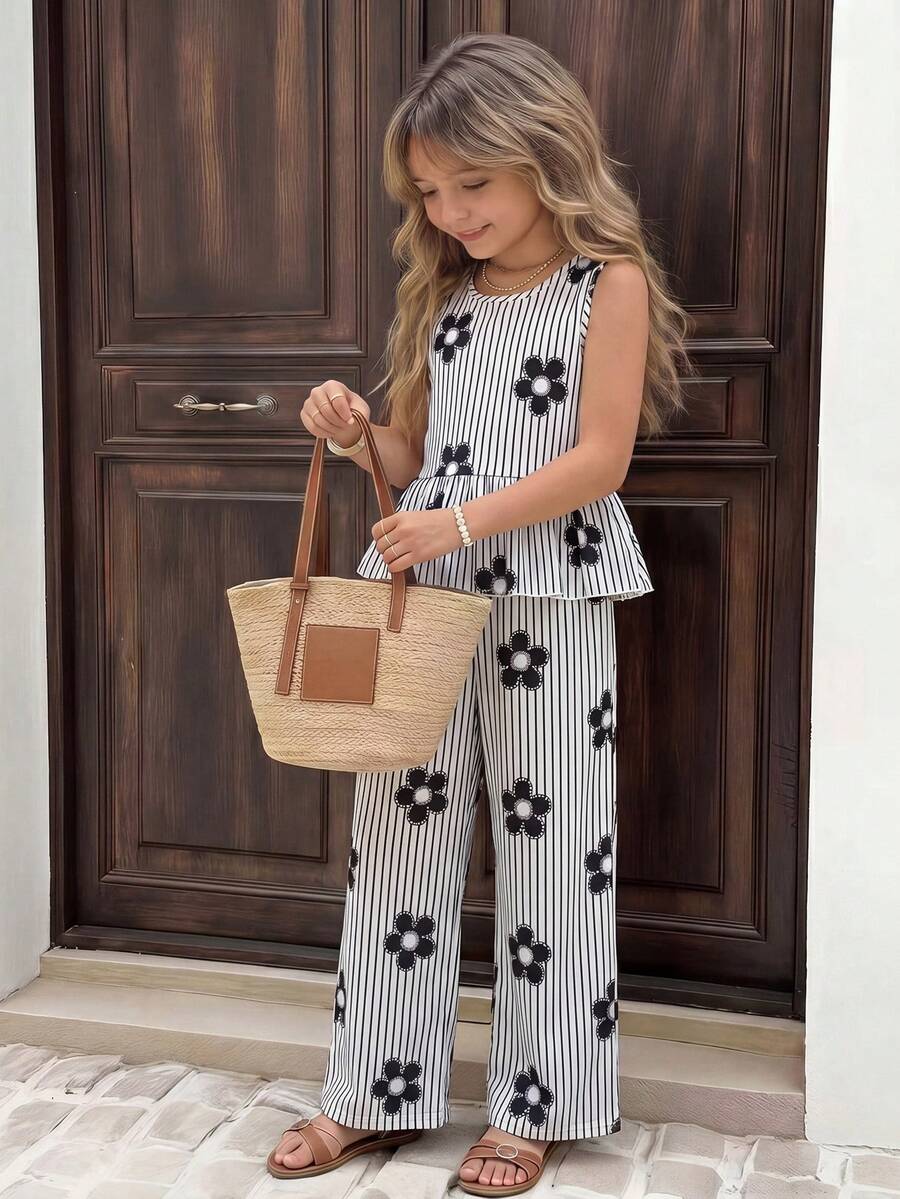 Tween Girl Floral Striped Ruffle Hem Camisole And Palazzo Pants 2 Pieces Set - Multicolor - View 1