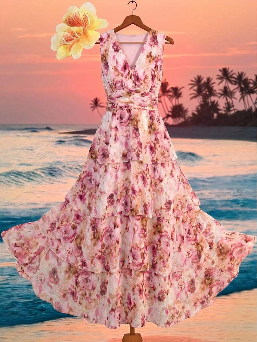 Ellevyn Đầm vintage lãng mạn với họa tiết hoa màu cam và viền bèo nhún. - Hồng - Xem 1