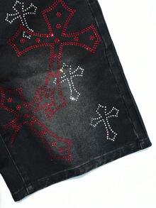 Manfinity EMRG Quần short denim đen mài bóng dành cho nam, thiết kế hình thánh giá Gothic đính đá, phong cách đường phố. - màu đen - Xem 3