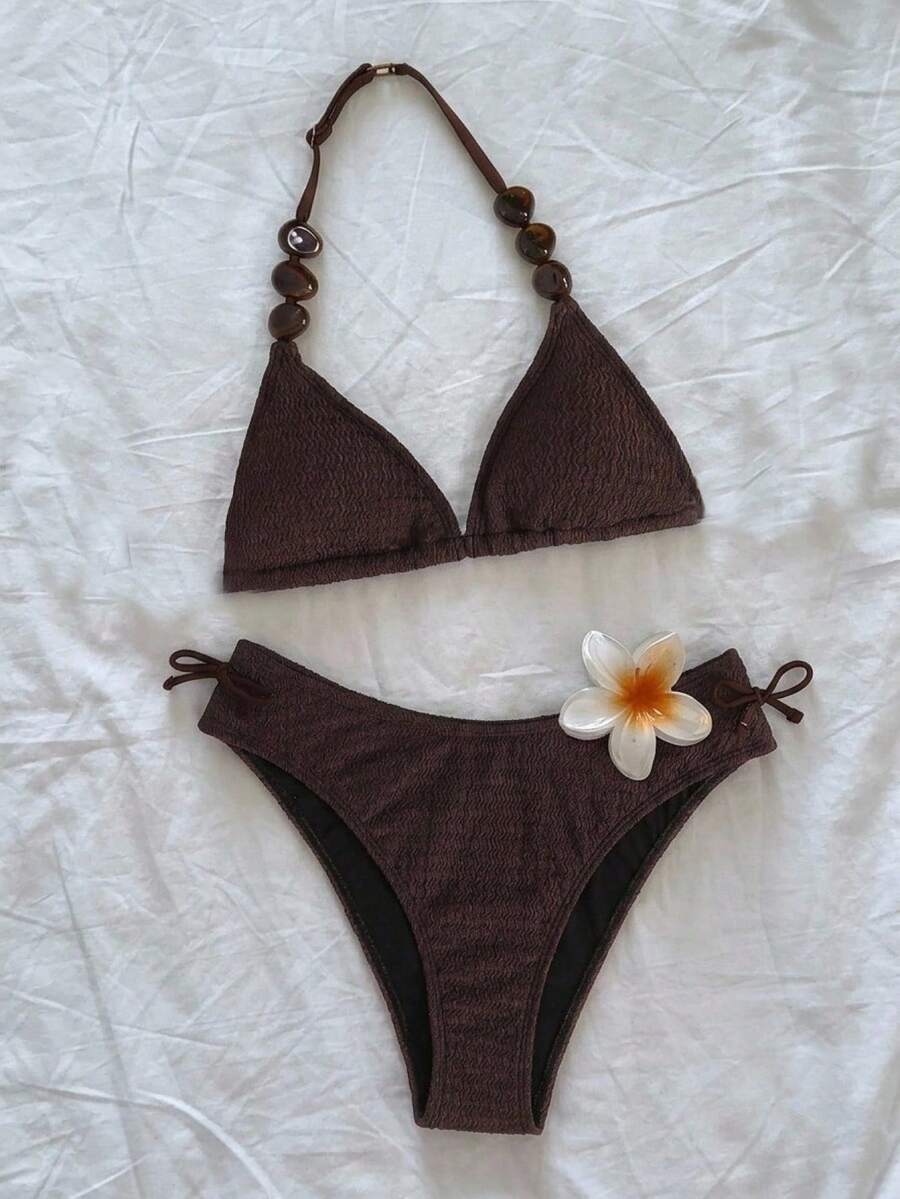 SHEIN Teen Girl Summer Beach Solid Color Halter Neck Swimsuit Set - Khaki - View 1