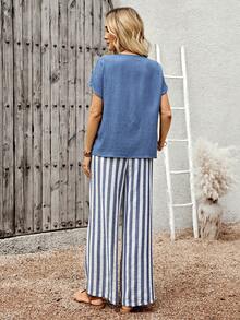 EMERY ROSE Women's Blue Round Neck Short Sleeve Top + Elastic Waist Blue & White Striped Wide Leg Pants 2 Pieces Set - Multicolor - View 2
