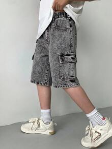 青少年男孩時尚休閒 Y2K 復古酷炫街頭多口袋設計灰色寬鬆工裝牛仔短褲，適合兒童日常穿著、春夏季 Rave 音樂節與街頭穿搭 - 黑色 - 查看 7