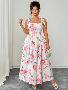 SHEIN Clasi Plus Size Women's Elegant French Rose Print Tie Strap Dress, Summer - White - View 9