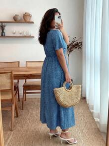 Enliva Vestido de talla grande con mangas tipo murciélago y estampado de lunares bohemio, outfit para mujer en verano - azul real - Ver 2