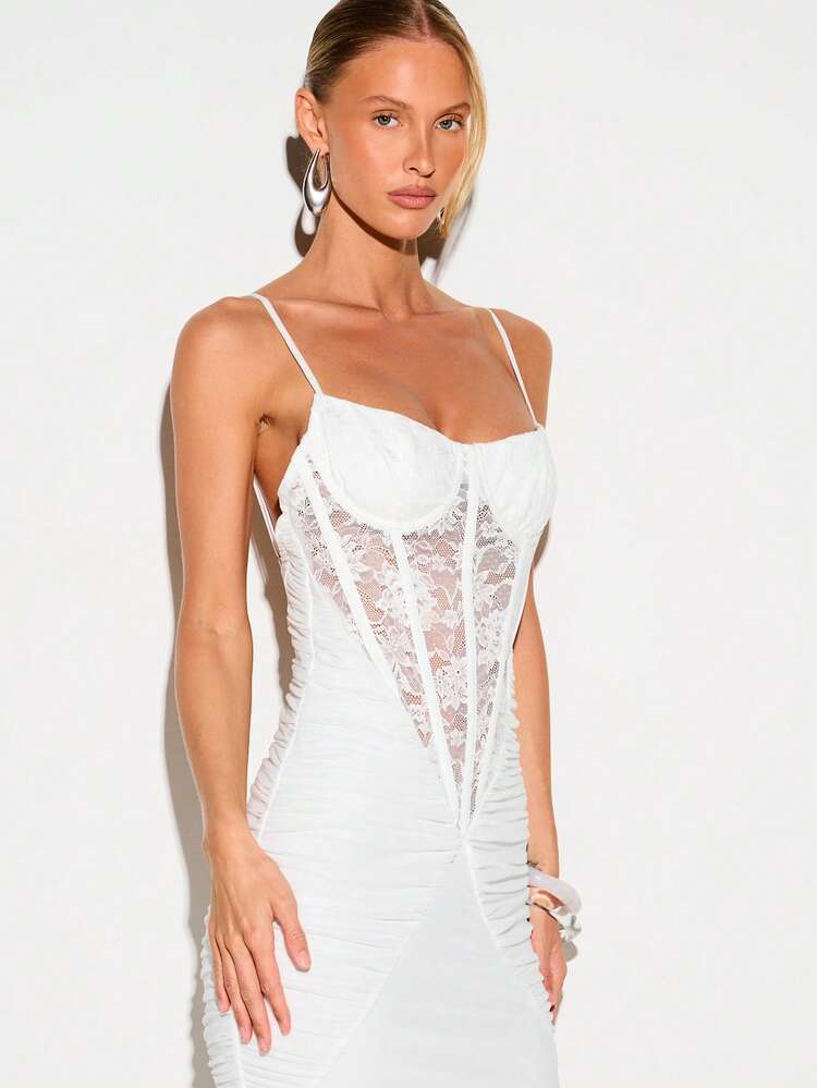 Ruched Lace Corset Mermaid Maxi Dress