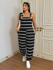 SHEIN EZwear Plus Size Black & White Ribbed Elastic Ribbed Bib Pants - Black - View 3