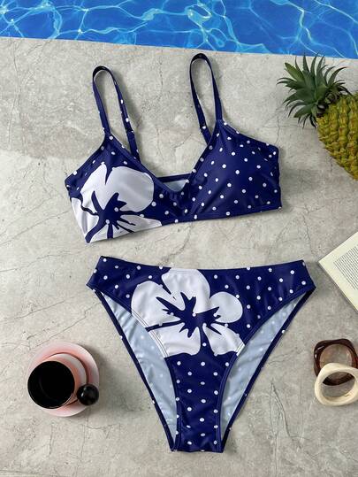 Swim Mod 2026 Spring/Summer Plus Size Swimsuit Set, Polka Dot Printed White Women Swimwear Set