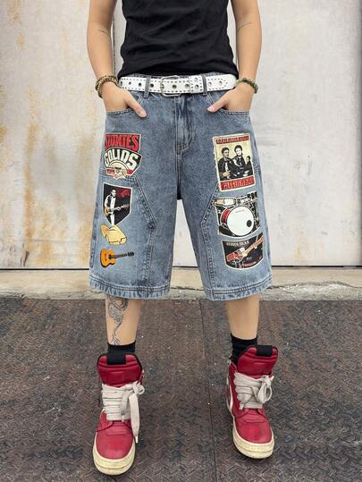 Manfinity EMRG Men's Vintage Printed Gray-Blue Denim Capri Pants, Streetwear Style