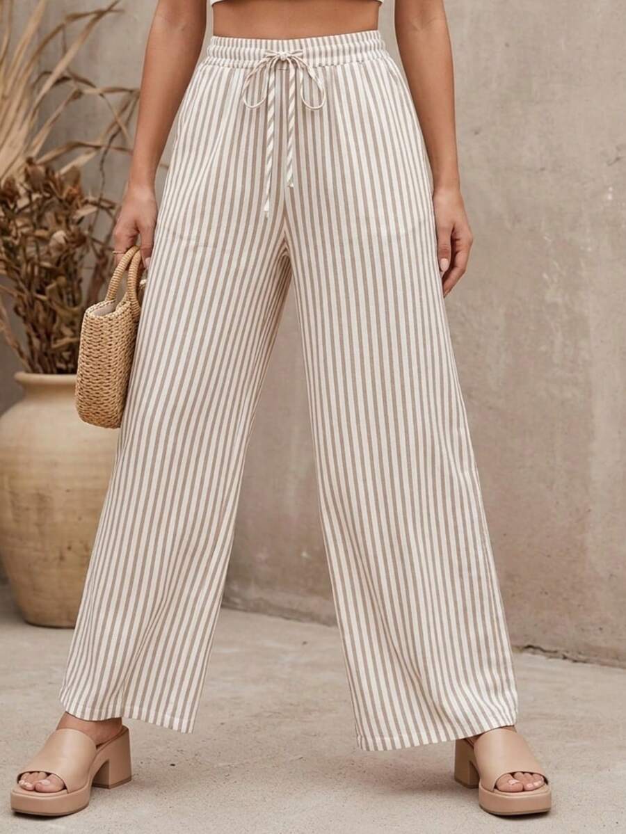 Palazzo Striped Pants With Elastic Waist - Beige - View 1