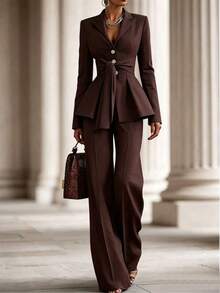 SHEIN Women's Solid Color Long Sleeve Knotted Waist Ruffle Hem Jacket And Pants Suit Set - Coffee Brown - View 3