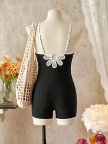 SHEIN Bộ áo liền quần hai dây phối màu cho bé gái tuổi teen, thích hợp cho bơi lội, kỳ nghỉ hè, bãi biển, hồ bơi, tiệc tùng. - màu đen - Xem 3