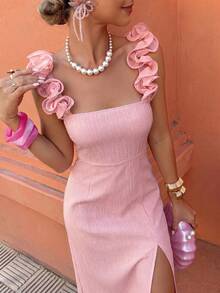 SHEIN PariChic Đầm maxi nữ thời trang, thanh lịch, in hoa, chất liệu mềm mại, kiểu dáng thường ngày. - Hồng - Xem 1