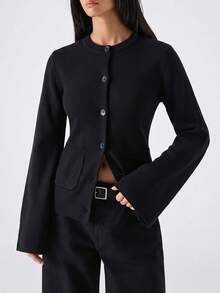 LYSMO 2026 Nouveau cardigan femme minimaliste d'hiver, décontracté, quotidien, tenue de travail, simple, noir unicolore, patchwork, poche, bouton. Chemise femme distinctive et à la mode pour l'automne/hiver, Noël, Nouvel An, Thanksgiving, remise des diplômes. Série de pulls de Noël à la mode - Noir - Voir 5