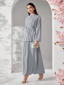 Al Najma 女士纯色纽扣设计长袖衬衫和中长裙优雅两件套 - 藍色 - 查看 6