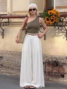 SHEIN PETITE Quần trắng cho mùa xuân và mùa hè: Lãng mạn, thanh lịch, thoải mái và hoàn hảo cho kỳ nghỉ. Phong cách, đa năng và tinh tế. Kiểu dáng cổ điển phù hợp cho việc đi làm. Thời trang và độc đáo. - trắng - Xem 3