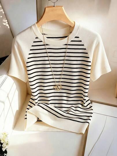 Franclia Elegant Casual Women T-Shirt, Round Neck Raglan Short Sleeve AB Patchwork T-Shirt, Women's Vacation T-Shirt, Women's Striped T-Shirt, Women's Graduation T-Shirt, Women's Commute T-Shirt, Summer Holiday T-Shirt, Women's Casual T-Shirt