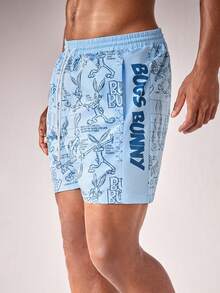 LOONEY TUNES X SHEIN Quần short đi biển nam họa tiết hoạt hình dễ thương, có dây rút và túi ở eo. - Màu xanh lam - Xem 3