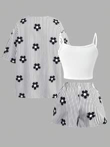 SHEIN 3pcs/Set Tween Girls' Summer Casual Vacation Floral & Striped Print Shirt Set - Black and White - View 2