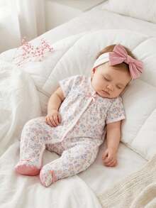 Pelele de verano para bebé niña recién nacida con estampado de conejo y flores y diadema rosa, mono elegante y lindo con piecitos para bebé - Rosa Pálido - Ver 1
