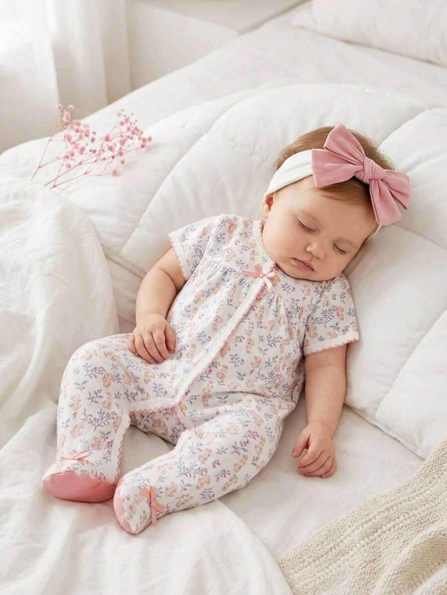 Pelele de verano para bebé niña recién nacida con estampado de conejo y flores y diadema rosa, mono elegante y lindo con piecitos para bebé - Rosa Pálido - Ver 1