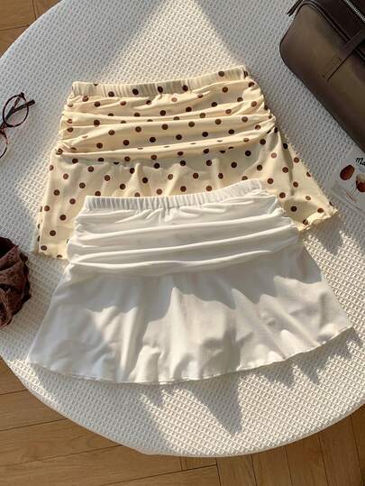 Comfortcana Women's Summer Casual Polka Dot Print & Solid Color Pleated Elastic Waist Skirt