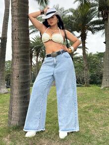 Jeanoix Plus Size Women Pockets Button Casual Versatile Daily Wear Denim Jeans - Light Wash - View 5