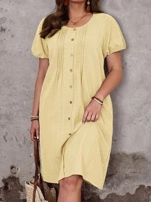 Vestido casual de mujer talla grande de unicolor, cuello redondo, manga corta abullonada, diseño de un solo pecho y plisado - Amarillo claro - Ver 7