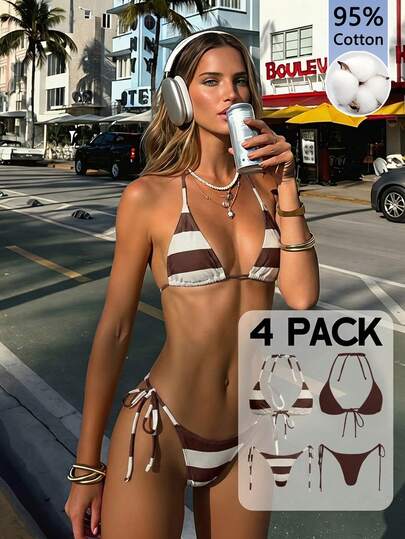 Aloruh Bộ đồ bơi nữ mùa xuân/hè mới, áo bikini hai mảnh họa tiết sọc cổ điển, kiểu tam giác, cúp ngực, quần bikini buộc dây bên hông, 4 món.