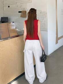 DAZY 女士复古韩版休闲大口袋街头韩版牛仔裤 - 白色 - 查看 5