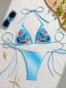 Swim Mod Bộ bikini tam giác nữ mùa hè mẫu mới thêu họa tiết hoa ombre đính hạt, dây đeo cổ, đồ bơi đi biển nghỉ dưỡng - Màu xanh lam - Xem 3