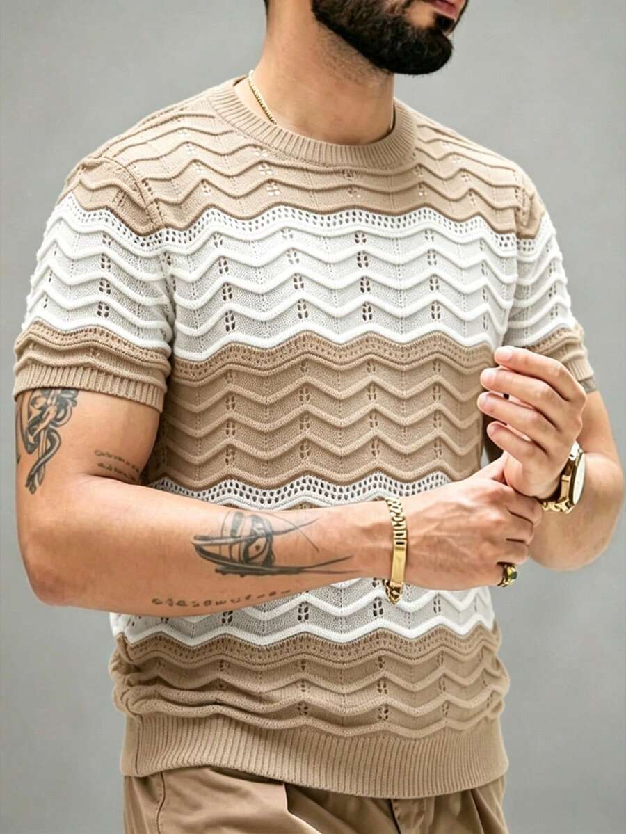 EGENSIO Men's Contrast Color Round Neck Short Sleeve Casual Knit Top - Khaki - View 1