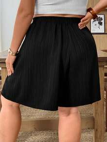 SHEIN CURVE+ 大码女式纯色打结阔腿休闲宽松短裤，黑色短裤，阔腿短裤，松紧腰短裤，黑色裙裤，松紧腰休闲短裤，秋季 - 黑色 - 查看 3