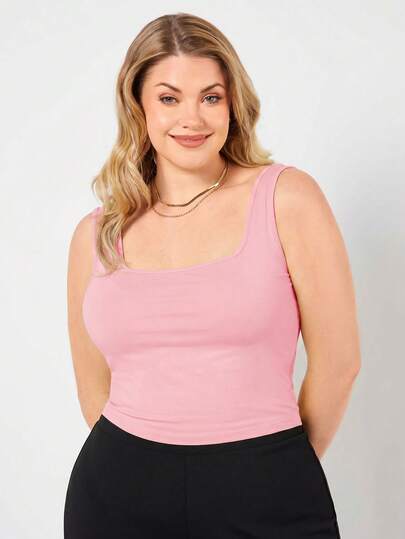SHEIN BASICS Áo tank top nữ cỡ lớn, màu trơn, cổ vuông, kiểu dáng thường ngày, đa năng.