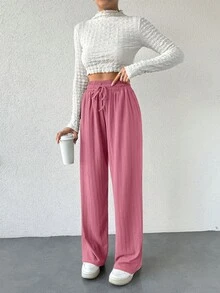 EURMUSE Elastic Waist Drawstring Design Wide-Leg Casual Pants For Women - Dusty Pink - View 5