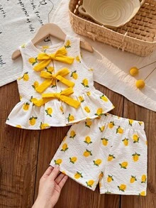 SHEIN 2件套女婴幼儿/新生儿0-3岁休闲日常可爱度假条纹蝴蝶结装饰吊带背心+短裤套装，春夏款 - 黃色 - 查看 2