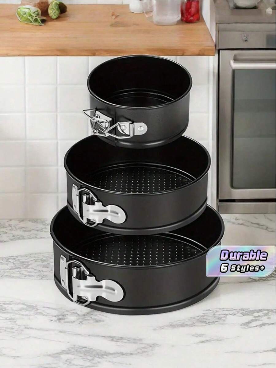 1pc / 3pcs, Lockable Bottom Spring Cake Mold, Loose Bottom Baking Cake Mold, Removable Non-Stick Baking Pan, Oven Accessories, Baking Tools, Kitchen Gadgets, Kitchen Accessories, Home Kitchen Supplies - Black - View 1